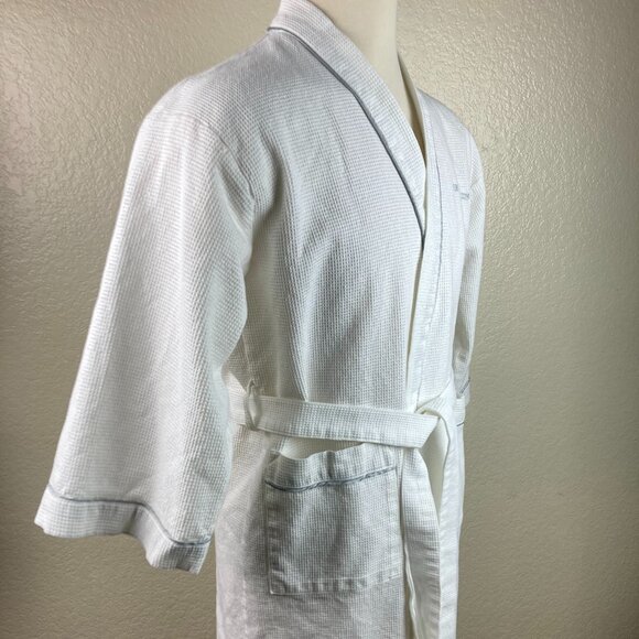The Ritz Carlton Waffle White Mid-calf length Robe Pockets Gray Trim One Size - Picture 7 of 11